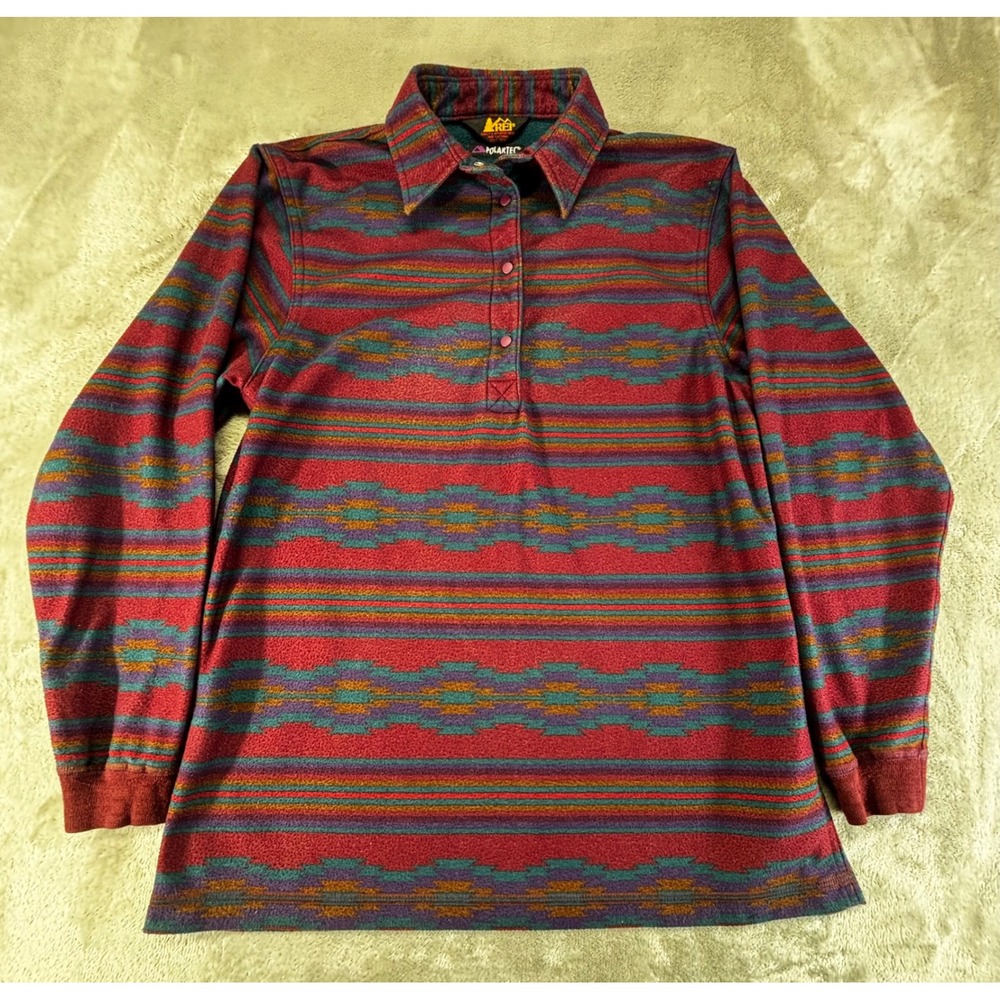 REI Polartec Fleece Pullover Mens Small Burgundy Southwestern Aztec USA Made - Picture 1 of 8